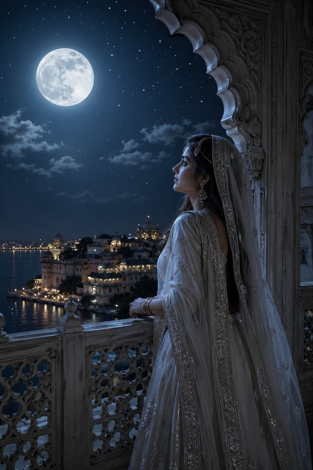 Radha Rani standing on palace jharokha balcony looking at full moon in white and silver sari with stars visible — HD wallpaper